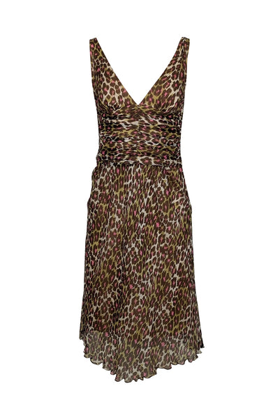 V-neck Animal Leopard Print Sleeveless Hidden Side Zipper Ruched Dress With Ruffles