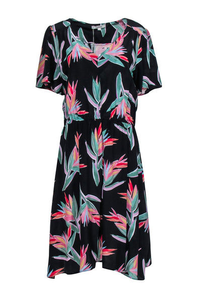 A-line V-neck Silk Flutter Short Sleeves Sleeves Elasticized Waistline Tropical Print Dress