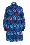 V-neck Geometric Print Long Sleeves Mock Neck Front Zipper Ribbed Pocketed Dress