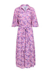 Spring Floral Print Polyester Tie Waist Waistline Slit Pocketed Hidden Side Zipper Short Sleeves Sleeves Maxi Dress