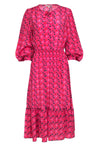 Spring Long Sleeves Smocked Button Front Silk Floral Print Elasticized Waistline Maxi Dress