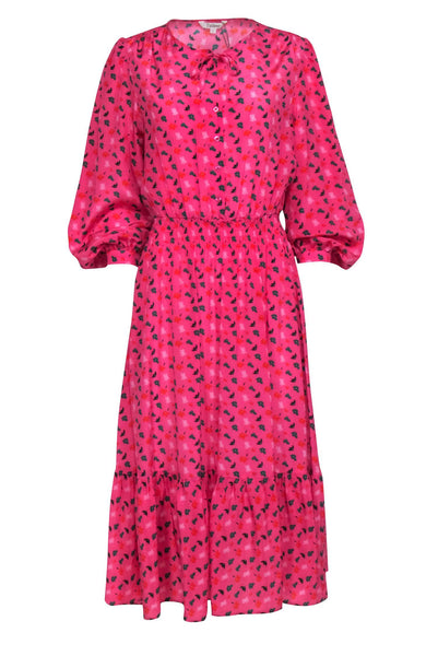 Smocked Elasticized Waistline Floral Print Spring Long Sleeves Button Front Silk Maxi Dress