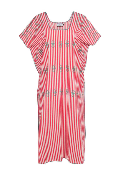 Cotton Bateau Neck Striped Print Slit Embroidered Beach Dress/Tunic/Maxi Dress