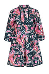 Piping Hidden Back Zipper Button Front Pleated Floral Paisley Print Bell Sleeves Polyester Dress