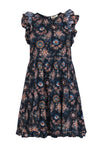 Floral Print Summer Short Sleeveless Crew Neck Keyhole Pocketed Dress With Ruffles