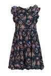 Short Summer Sleeveless Crew Neck Floral Print Keyhole Pocketed Dress With Ruffles