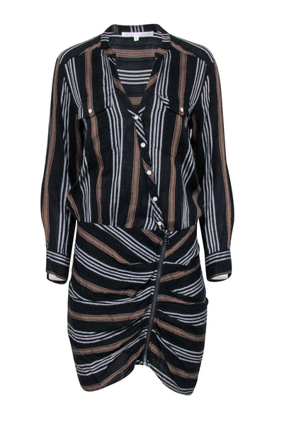Short Striped Print Pocketed Front Zipper Ruched Asymmetric Shirt Dress With Pearls