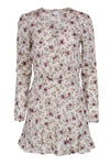 Button Front Hidden Back Zipper Snap Closure Spring Fall Floral Print Long Sleeves Short Dress