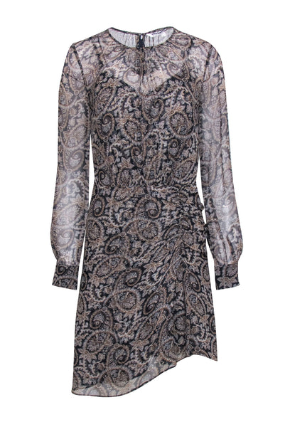 Sophisticated Ruched Hidden Back Zipper Paisley Print Long Sleeves Crew Neck Above the Knee Dress