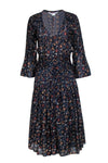 V-neck Pleated Hidden Side Zipper Button Front Floral Print Fall Dress