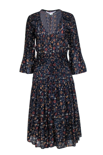 V-neck Pleated Button Front Hidden Side Zipper Floral Print Fall Dress