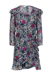 Hidden Back Zipper Ruched Wrap Drawstring Spring Floral Print Dress With Ruffles
