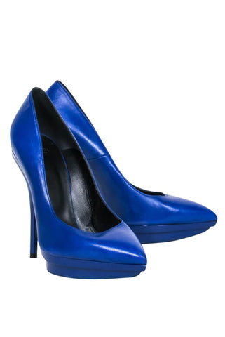 Versace - Cobalt Blue Leather Pointed Toe Platform Stilettos