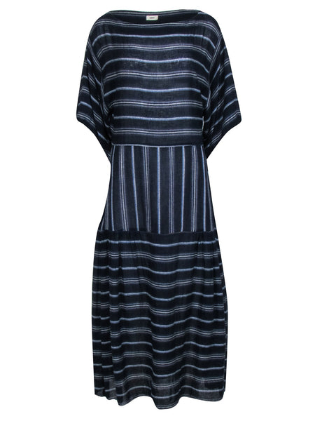 Viscose Flowy Drawstring Striped Print Kimono Sleeves Maxi Dress