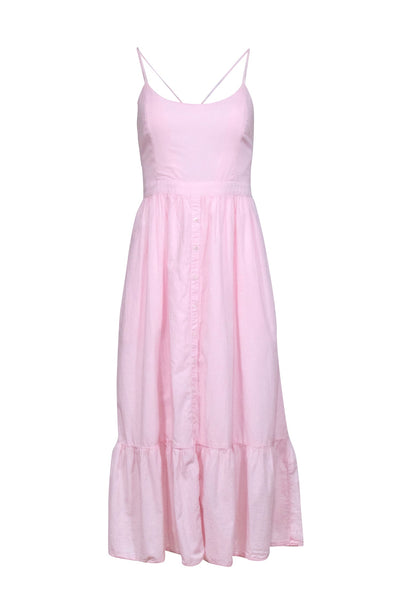 Elasticized Waistline Sleeveless Babydoll Button Front Open-Back Lace-Up Cotton Midi Dress