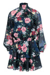 Floral Print Sheer Long Sleeves Polyester Button Closure Mock Neck Smocked Short Little Black Dress With Ruffles