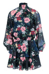 Button Closure Floral Print Short Sheer Long Sleeves Mock Neck Smocked Polyester Little Black Dress With Ruffles