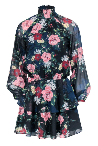 Floral Print Sheer Long Sleeves Polyester Button Closure Mock Neck Smocked Short Little Black Dress With Ruffles