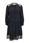 V-neck Geometric Print Long Sleeves Smocked Lace Trim Dress