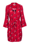 Short General Print Collared Embroidered Belted Viscose Dress