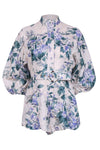 Pocketed Button Front Belted Floral Print Linen Elasticized Waistline Long Puff Sleeves Sleeves Romper