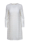 Lace Scalloped Trim Hidden Back Zipper Polyester Shift Bell Sleeves Crew Neck Dress