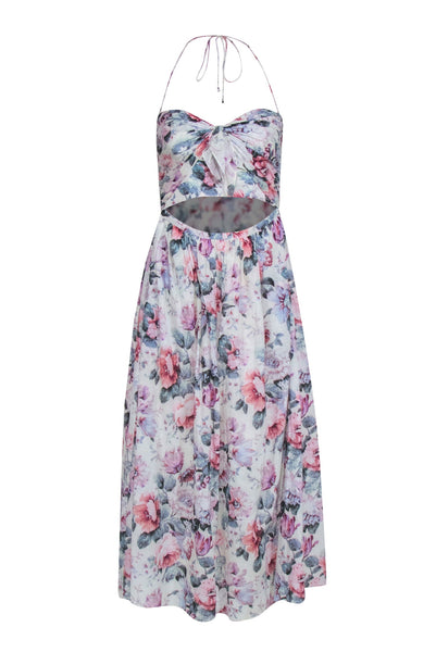 Floral Print Halter Hidden Back Zipper Pocketed Cutout Cotton Midi Dress
