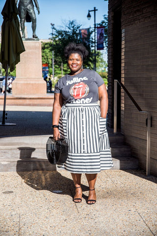 band tee and striped skirt maximalist outfit