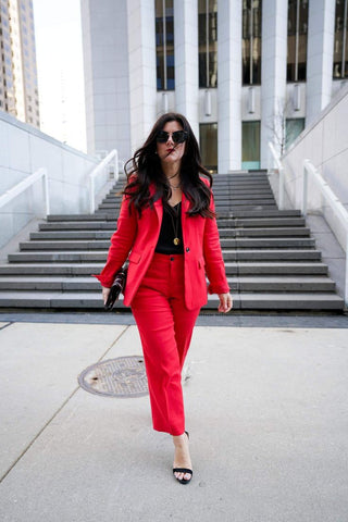 red pantsuit for Valentine's Day