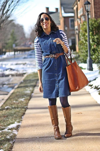 denim dress layering outfit