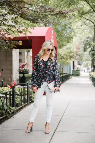 floral blouse white denim