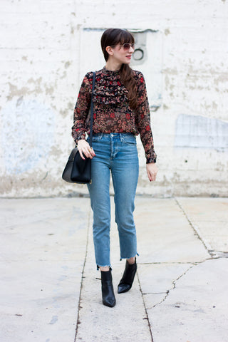 floral ruffle shirt with jeans