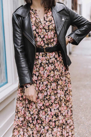 leather jacket and floral dress