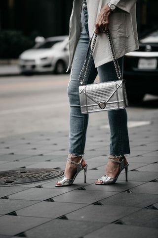 metallic purse with heels