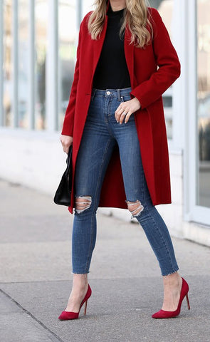 red jacket and heels Valentine's Day 2022