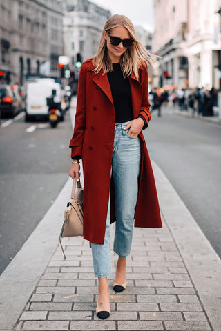 red jacket with neutral outfit