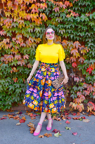 patterned skirt with yellow top "extra" outfit