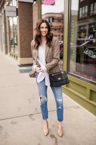 white button down with jeans and blazer
