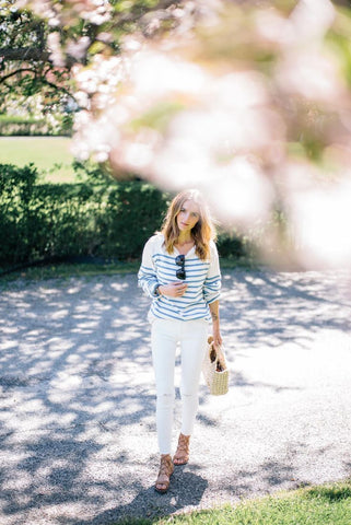 white denim with striped shirt for summer