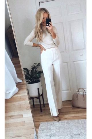 white long sleeve and pants winter outfit