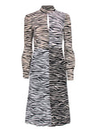 Fall Long Sleeves Mock Neck Keyhole Hidden Back Zipper Animal Zebra Print Shift Dress