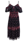 V-neck Cold Shoulder Sleeves Floral Print Sequined Beaded Polyester Round Neck Evening Dress With Ruffles