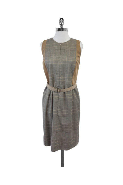 Sleeveless Front Zipper Belted Plaid Print Dress