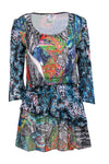 Polyester General Print Scoop Neck Long Sleeves Stretchy Pleated Tiered Tunic/Maxi Dress
