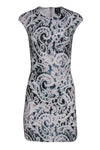 General Print Stretchy Cap Sleeves Sheath Round Neck Sheath Dress With Pearls