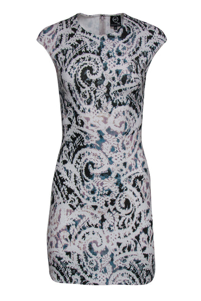 Round Neck Cap Sleeves Sheath General Print Stretchy Sheath Dress With Pearls