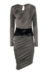 Keyhole Draped Button Closure Peplum Back Zipper Ruched Stretchy Dress