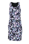 Abstract Print Sleeveless Gathered Side Zipper Round Neck Silk Dress