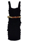 Leather Trim Knit Natural Waistline Above the Knee Belted Tiered Little Black Dress