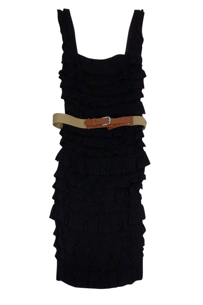 Belted Tiered Natural Waistline Leather Trim Knit Above the Knee Little Black Dress